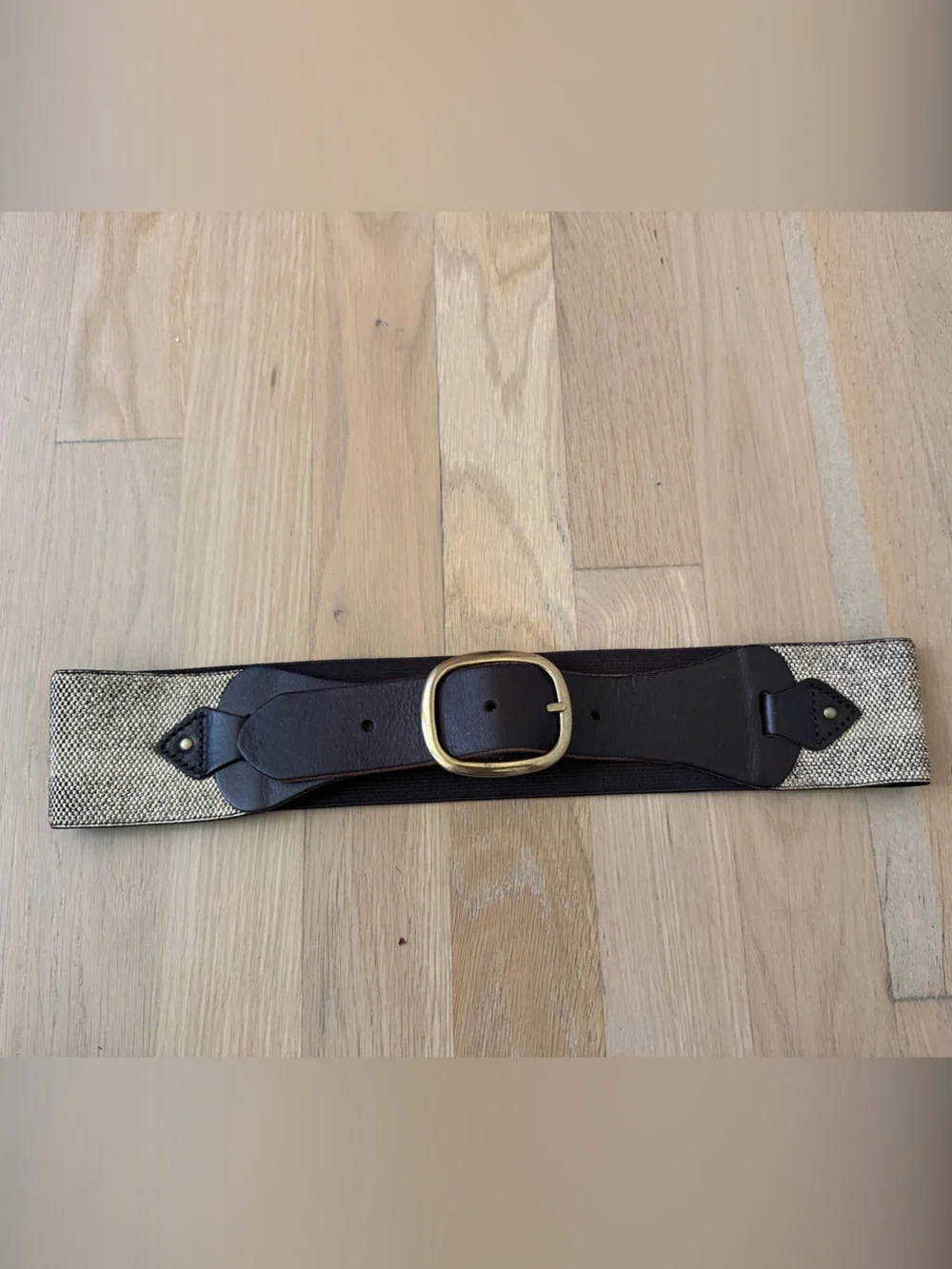 Linea Pelle Brown Leather and Gold Woven Stretch Belt with Gold Buckle